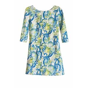 Lilly Pulitzer Charlene Dress XS Blue Green Coastal Print Gold Buttons
